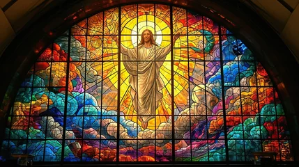 Photo sur Plexiglas Coloré Large stained glass window in the cathedral, multi-colored stained glass with the image of Jesus Christ, Easter religious story, AI generated