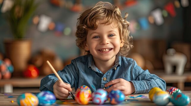 Little boy is paining Easter eggs with paint and brush, kid is happy, he is smiling, funny Easter moment, AI generated