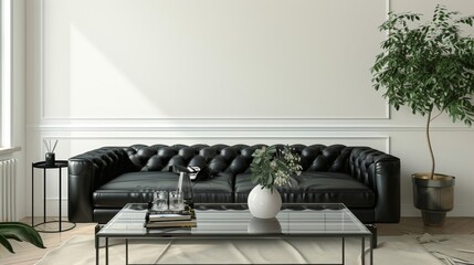 Sleek and Minimal Living Room with Black Leather Couch AI Generated.