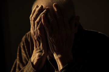 Portrait of an elderly man covering her face with her hand