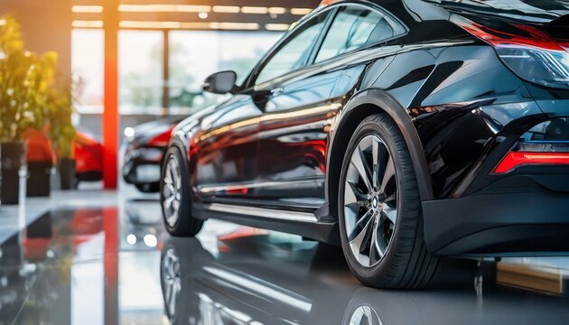 Closeup new black car parked in luxury showroom. Car dealership office. New car parked in modern showroom. Car for sale and rent business. Automobile leasing and insurance background.