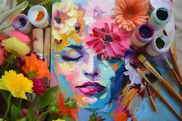 painting of a beautiful female face and flowers, brushes and paints nearby