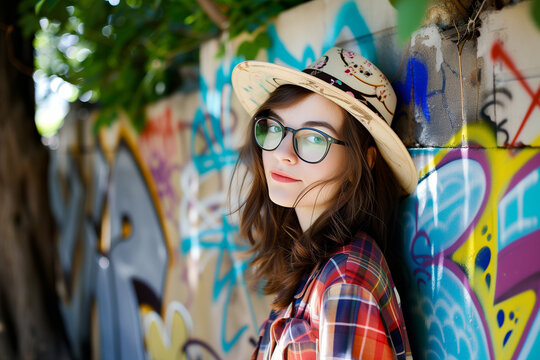 Portrait of a beautiful young girl in a hat and glasses on a background of graffiti