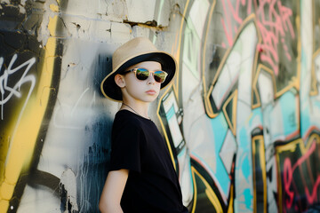 boy in a hat and sunglasses against the background of a graffiti wall