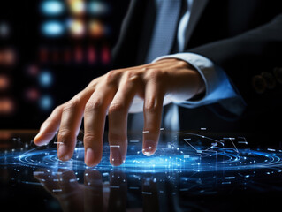 businessman's hands as he navigates through a virtual interface