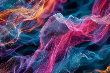 Fotobehang Microscopic image of textile fibers interweaving, colorful threads, detailed texture © arhendrix