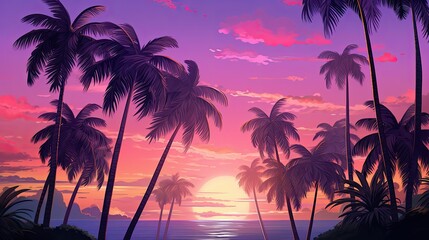 A group of palm trees with the purple sky in the background