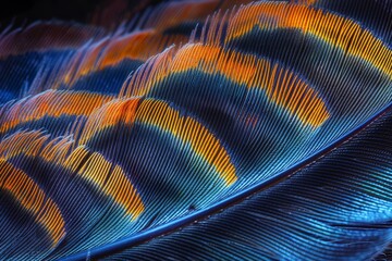 Microscopic view of a feather's barbs and barbules, intricate patterns, vibrant colors