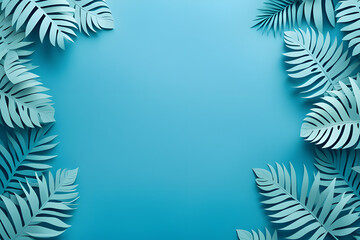 Fototapeta na wymiar background, frame with leaves, flat blue background with tropical leaves on it, Generative AI 