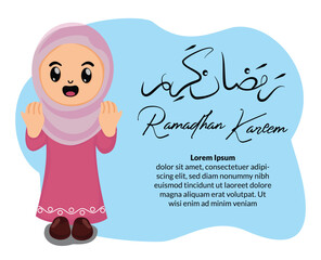 Cute muslim girl cartoon illustration at ramadan kareem greeting card background