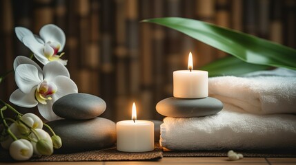 Fototapeta na wymiar A Spa and health care services Decorated with candles, spa stones and salt on a wooden background. White towels with bamboo sticks and candles for relaxing spa massages and body treatments.