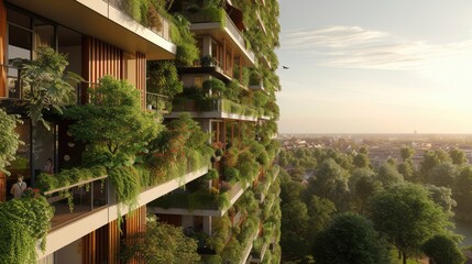 Fototapeta na wymiar A building adorned with lush greenery, numerous balconies, and towering trees, harmonizing urban design with nature's touch in the cityscape. AIG41