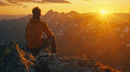 A man enjoying the sunset from the peak of a mountain