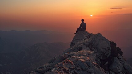 A man enjoying the sunset from the peak of a mountain