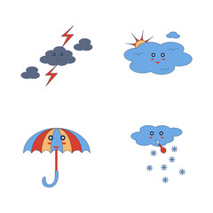 Kawaii Weather Character Set. Isolated On White Background. Cartoon Design and Shapes. Vector Illustration
