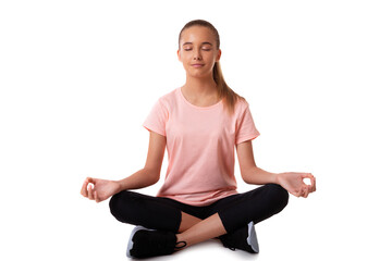 Portrait of young woman meditating in pose of lotus in isolation white background