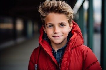 Portrait of a cute young boy in a red jacket and hood