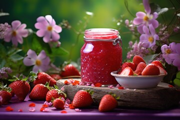 delicious strawberry jam in a jar, plain bread smeared with jam.