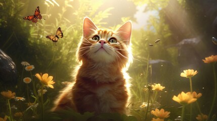 A cute fluffy kitten is watching a flying butterfly in a summer green sunny meadow and trying to catch it.