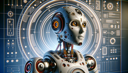 Futuristic humanoid robots in a vibrant high-tech scene.