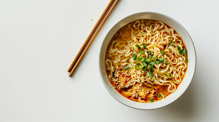 Hot ramen spicy Thai style on cup isolate on white background. - obrazy, fototapety, plakaty