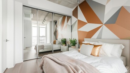Contemporary Bedroom with Geometric Accent Wall AI Generated.