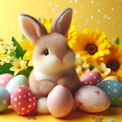 An Easter bunny rabbit with colorful eggs on a yellow background. easter card, easter bunny with eggs, easter eggs and flowers, easter eggs in a basket, easter eggs and flowers