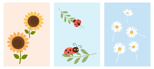 Sunflower, green leaf, ladybug and daisy flower vector illustration. © Thanawat