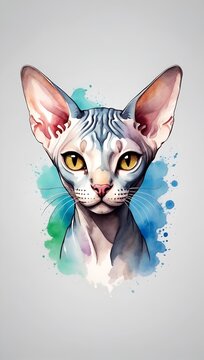 Colorful Sphynx cat illustration on watercolor splash isolated on white background