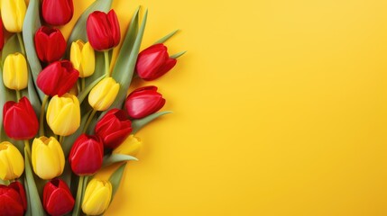 Red tulips with fresh green leaves on a yellow background. Beautiful background for a holiday, Valentine's day, women's day. An empty space for the text.
