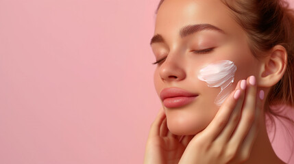 Obraz na płótnie Canvas Woman applying moisturizer cream on face, skincare routine with space for text