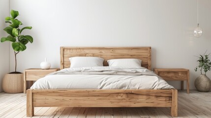 Cozy Minimalist Bedroom with Natural Wood Bed Frame AI Generated.