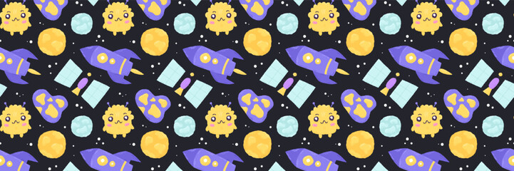 Obraz premium Baby cute seamless pattern with space elements on dark background. Hand drawn flat cartoon style. Vector illustration