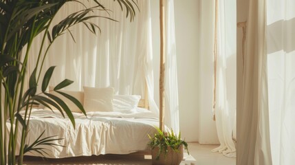 Tranquil Minimalist Bedroom with Canopy Bed and Floor-to-Ceiling Plant AI Generated.