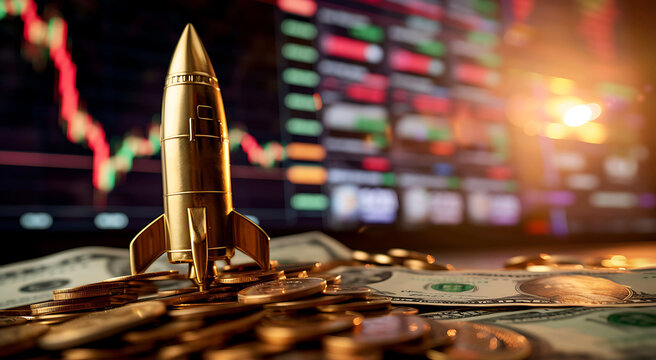 Golden rocket on pile of gold coins and US dollar bills On the background of the stock market screen business idea