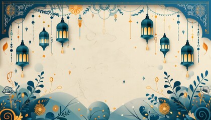 Elegant Ramadan-themed background with hanging lanterns, crescent moons.