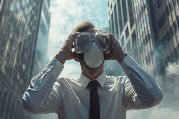 
close-up A businessman in a white shirt and tie, holding his head in his hands and wearing a chemical protection mask, stands on a tall building in the middle of a polluted city