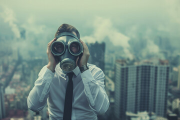 
close-up A businessman in a white shirt and tie, holding his head in his hands and wearing a chemical protection mask, stands on a tall building in the middle of a polluted city