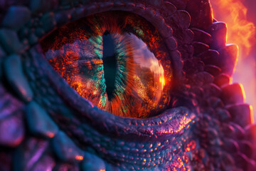 Close-up colorful dragon's eyes It captures intricate textures and bright colors. - obrazy, fototapety, plakaty