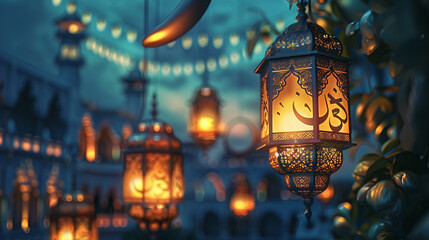 Illuminated Lanterns and Quran in Mosque Interior
