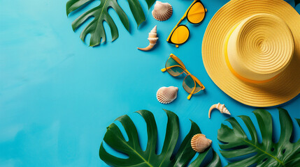 Top view, summer blue banner with yellow hat, sunglasses, seashells and monstera leaves on blue background.