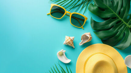 Fototapeta premium Top view, summer blue banner with yellow hat, sunglasses, seashells and monstera leaves on blue background.