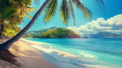Tropical beach with palm trees and turquoise sea, a serene paradise