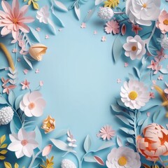 Fototapeta na wymiar easter background with paper cut flowers, copy space in the center, paper cut craft, easter card design, pastel colors,