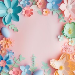 easter background with paper cut flowers, copy space in the center, paper cut craft, easter card design, pastel colors,