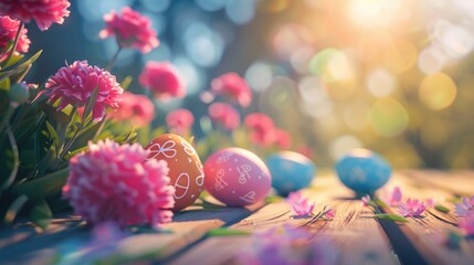 Colorful Easter eggs, carnations in the background with sunlight