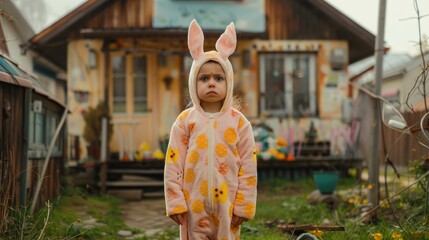 portrait of seven years old child in buuny costume standing in front spring yard of house with paintad Easter eegs , sunny weather, happy Easter, 