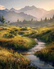 A meandering stream, green grass, mountains and trees in the distance,