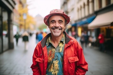 Portrait of a happy senior man in a red jacket and hat