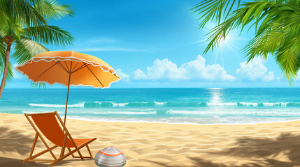 summer beach with palm trees and ocean waves